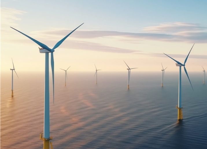image d'éolienne dans l'eau avec coucher de soleil